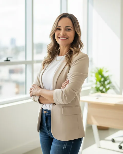 Dra. Marta Coutinho, ginecologista e obstetra, de braços cruzados em consultório iluminado